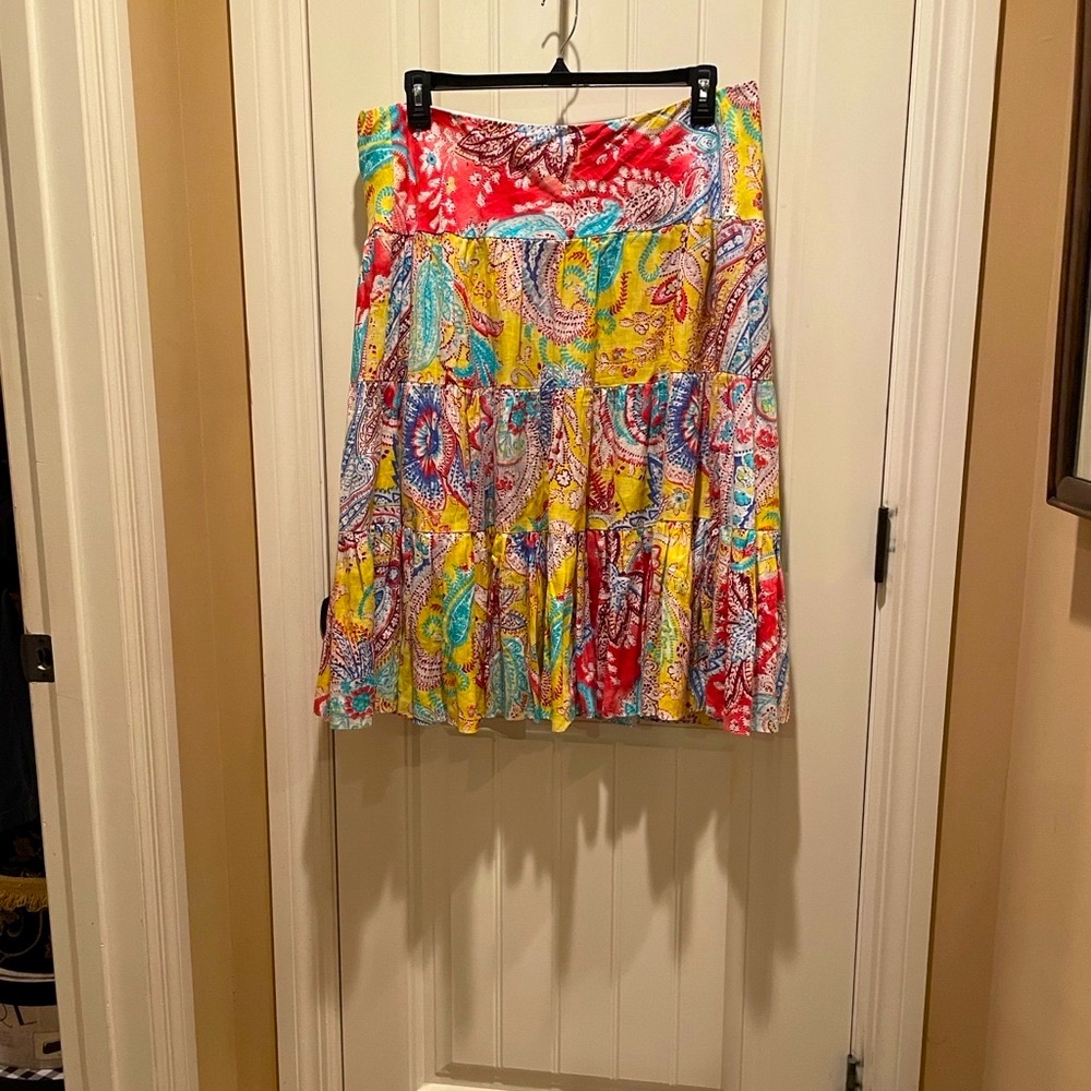 XL Ralph Lauren LAUREN Vibrant Paisley A-Line Swing Skirt Linen Elastic waist